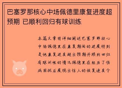 巴塞罗那核心中场佩德里康复进度超预期 已顺利回归有球训练